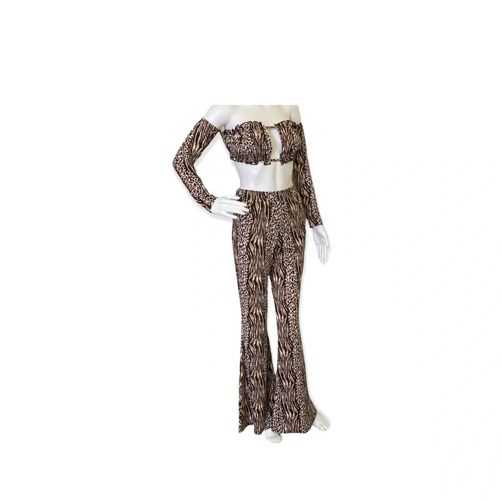 Brown Leopard Print Wide Leg Pants Set - Picture 1 of 7
